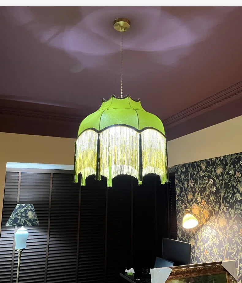 Retro Velvet Tassel Pendant Light – Green Fabric Art Chandelier by SANDYHA