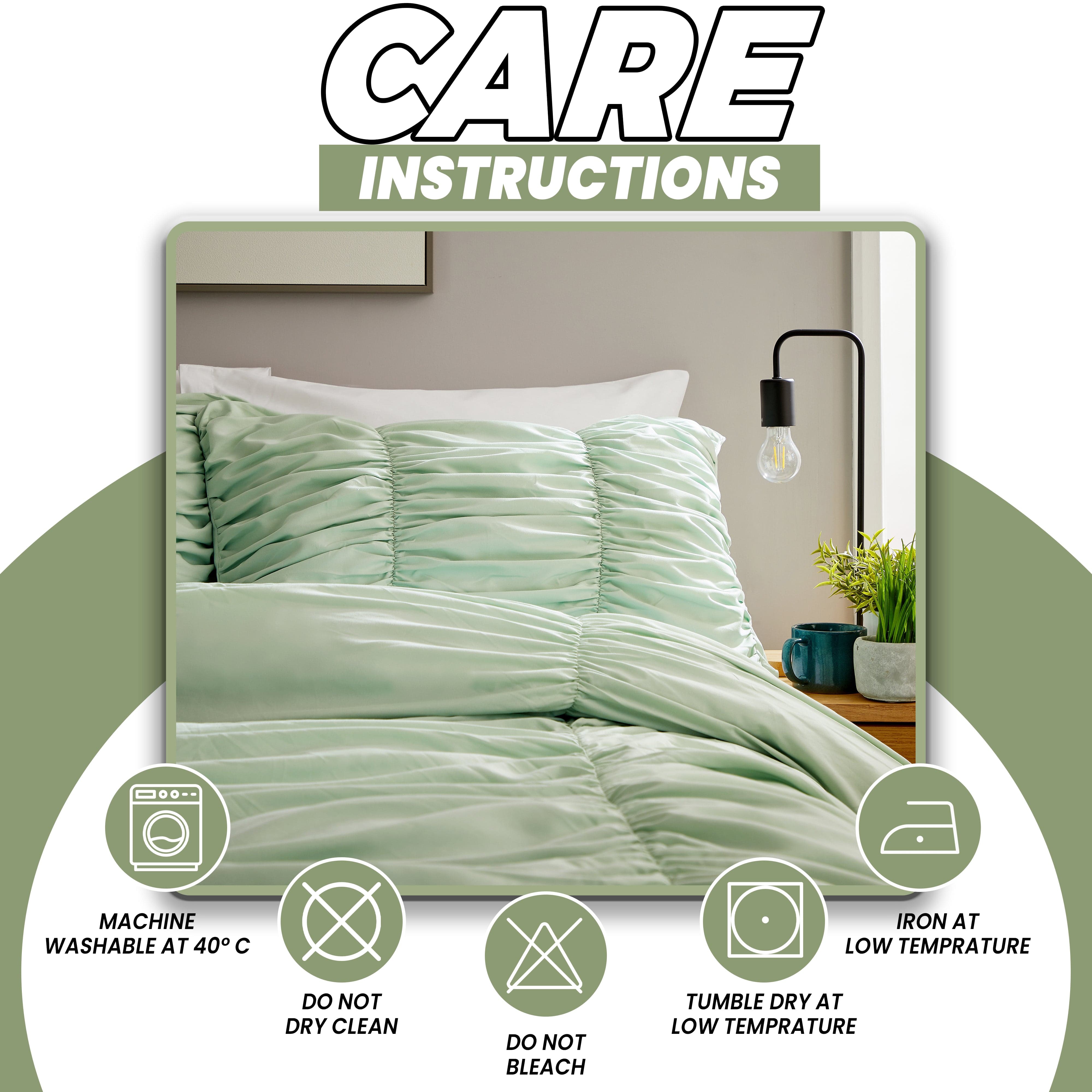 OLIVIA ROCCO Ruched Sage Green Microfibre Duvet Cover Set With Pillowcases, Ruffle Bedding, Easy Care, Durable Microfibre Comfort