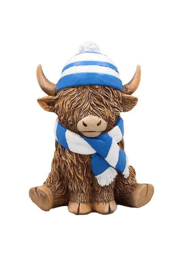 Happy Highland Cow Ornament blue and White Scarf Gift Boxed