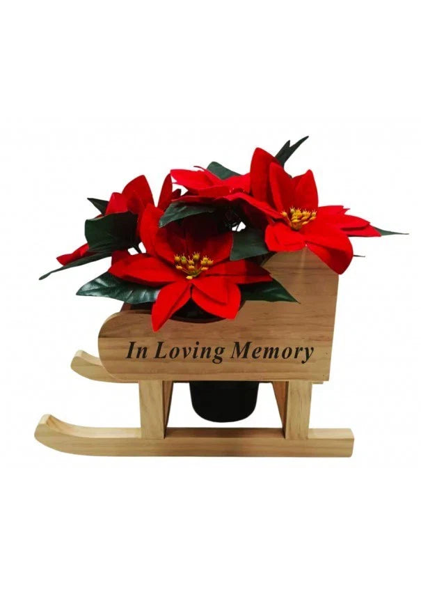 Christmas Memorial Wooden Sleigh WITH Red Poinsettia Grave Pot Included in loving memory