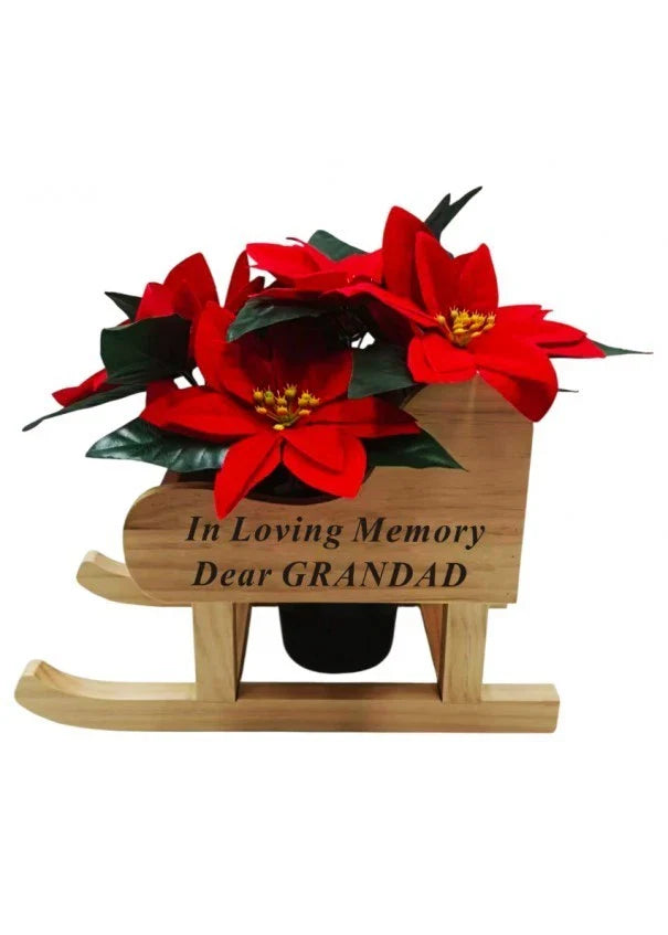 Memorial Wooden Sleigh WITH Red Poinsettia Grave Pot mum