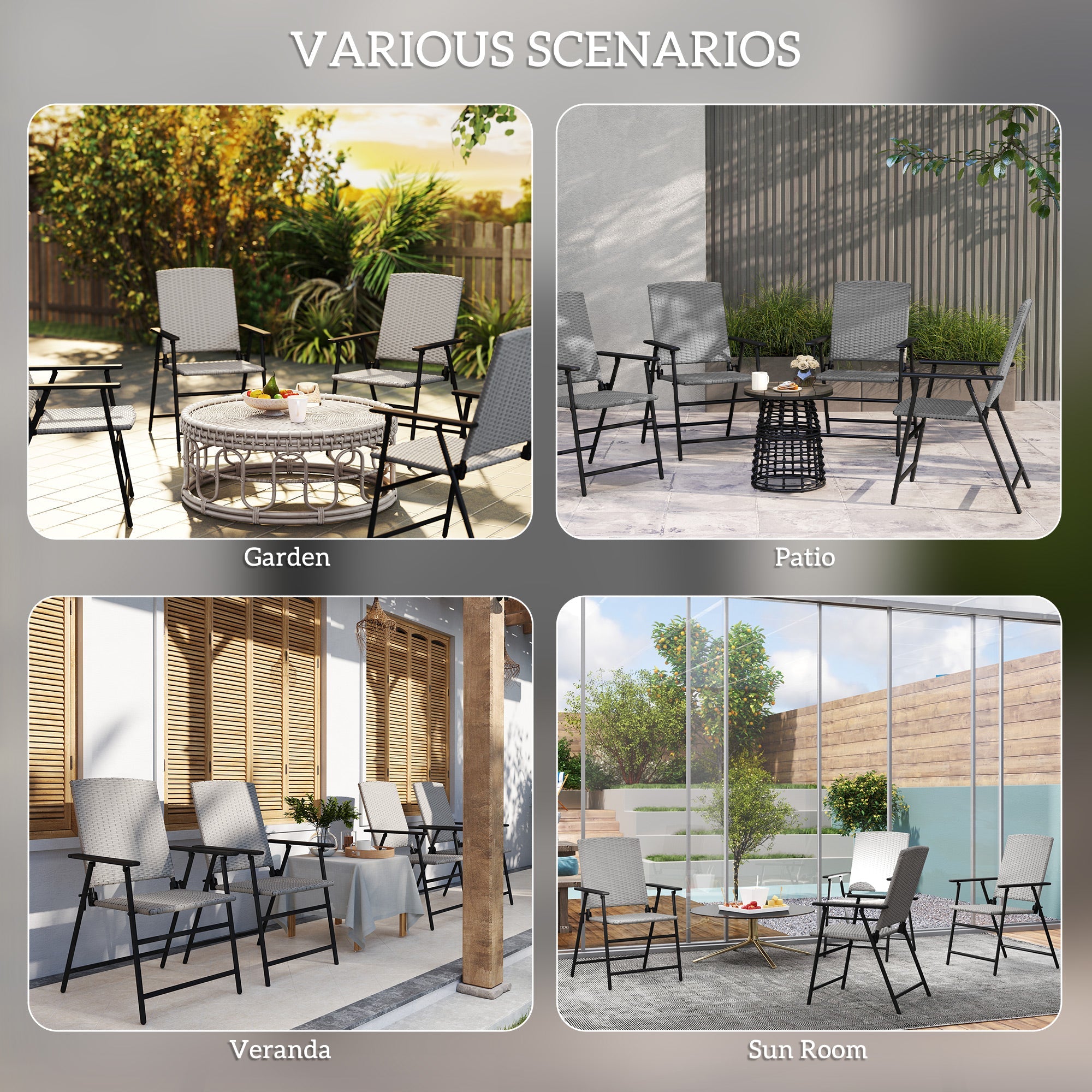 Outsunny 4pcs Rattan Chair Foldable Garden Furniture w/ Armrest Grey