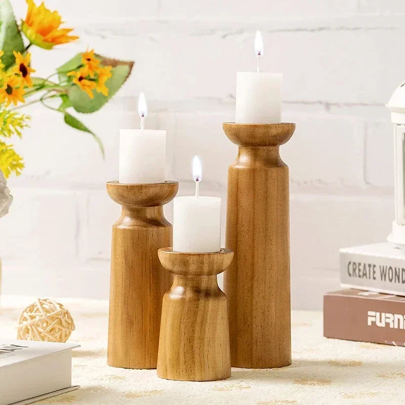 Solid Wood Candle Holder Set – Retro Farmhouse Pillar Candle Stand