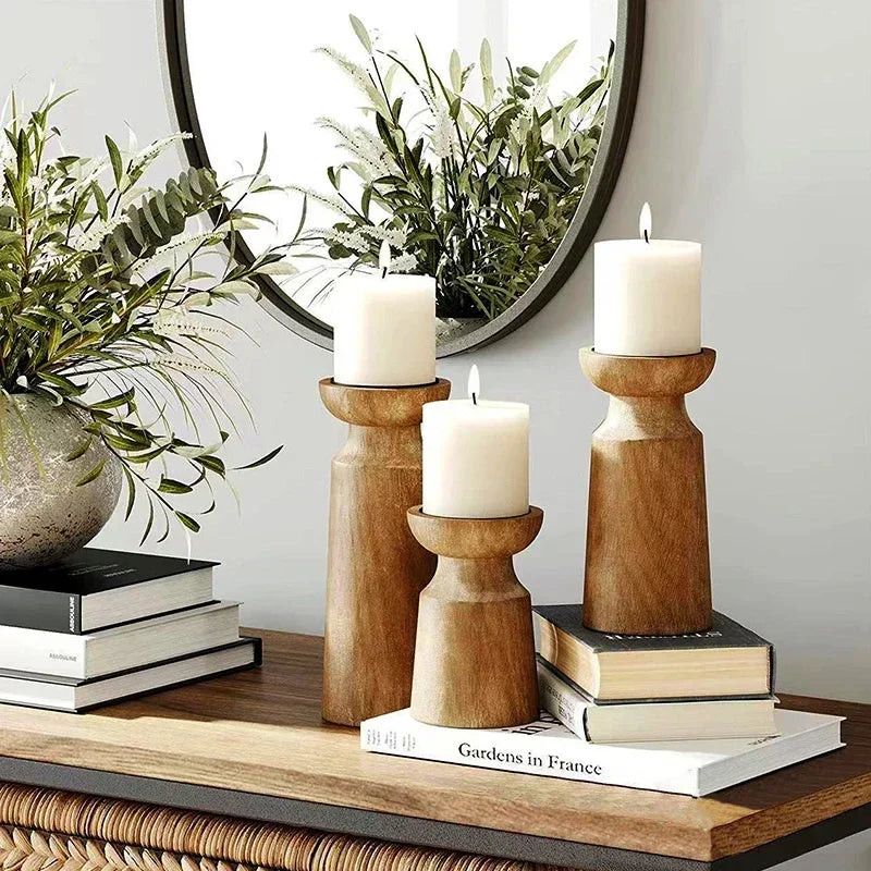Solid Wood Candle Holder Set – Retro Farmhouse Pillar Candle Stand