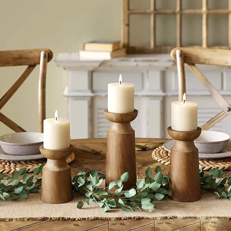 Solid Wood Candle Holder Set – Retro Farmhouse Pillar Candle Stand