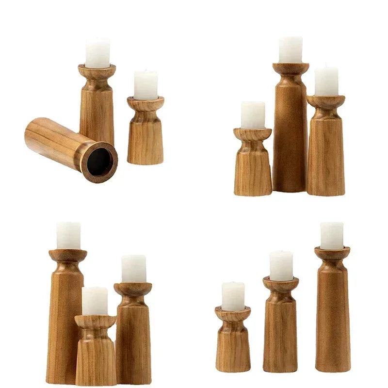 Solid Wood Candle Holder Set – Retro Farmhouse Pillar Candle Stand