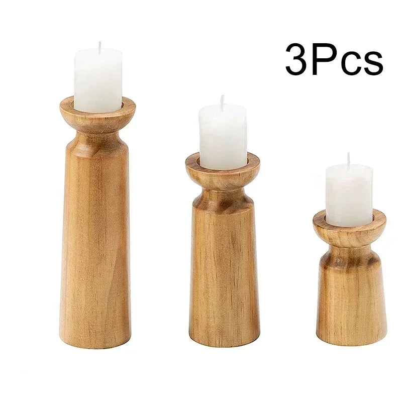 Solid Wood Candle Holder Set – Retro Farmhouse Pillar Candle Stand