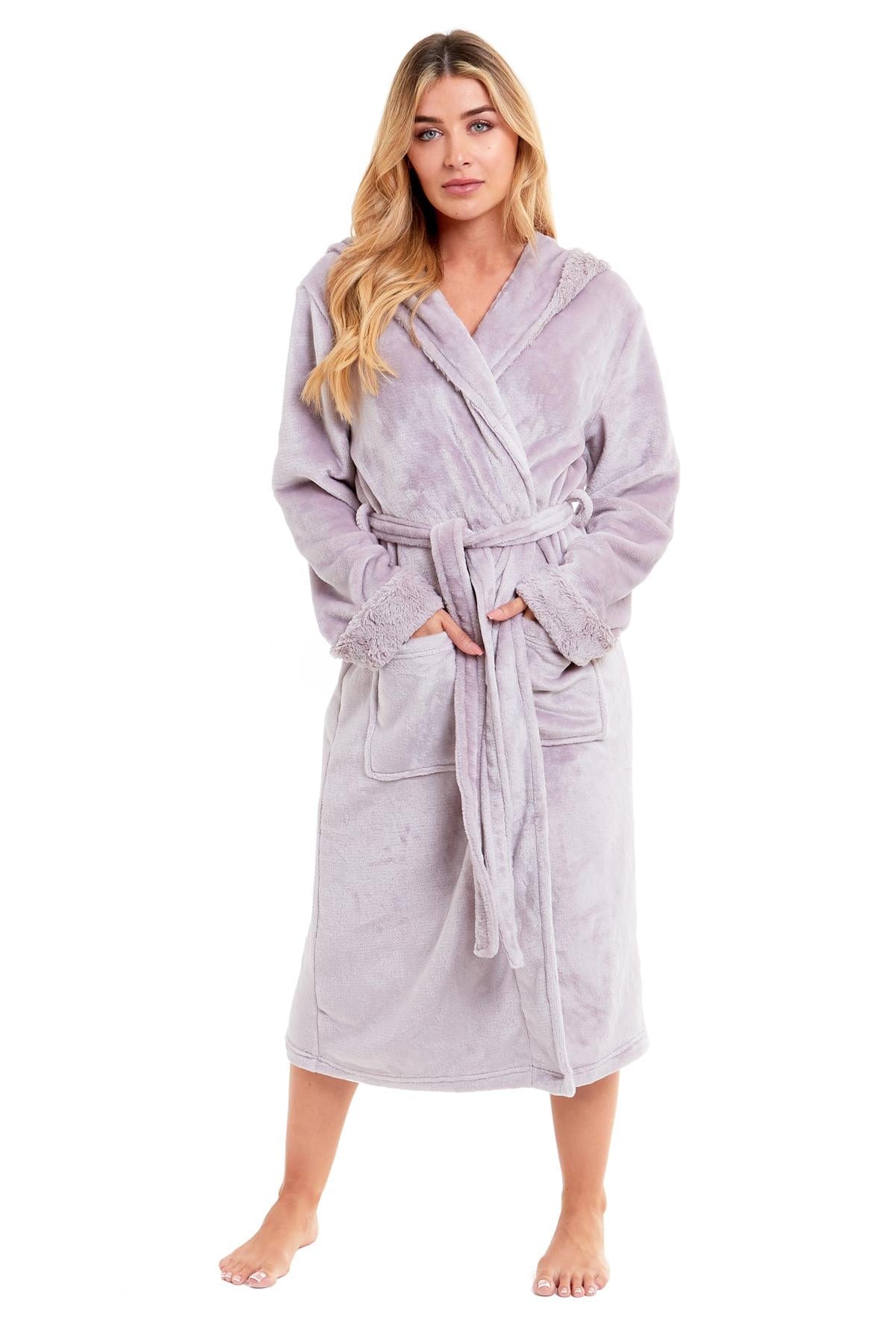 OLIVIA ROCCO Womens Faux Fur Hooded Bathrobe Plush Fleece Ultra-Absorbent Dressing Gown Daisy Dreamer Pink or Grey Size S-XL