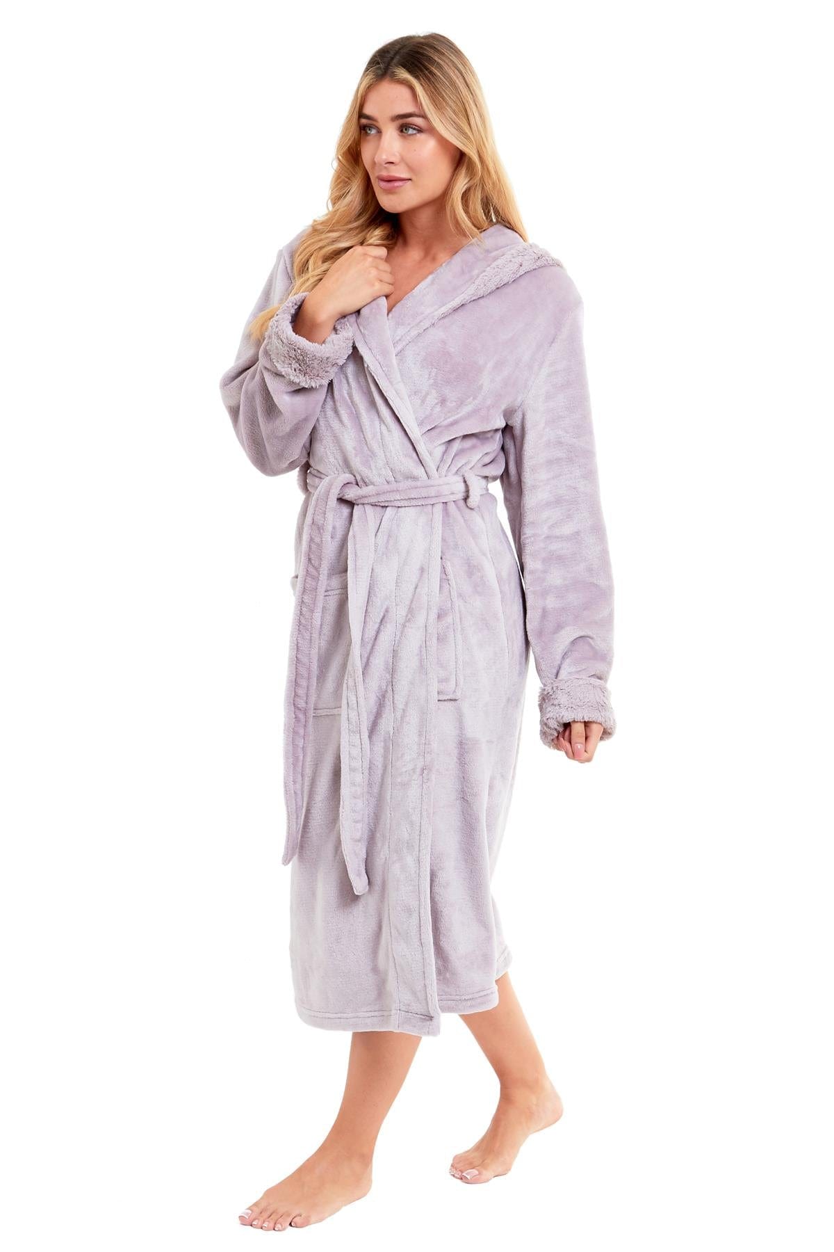 OLIVIA ROCCO Womens Faux Fur Hooded Bathrobe Plush Fleece Ultra-Absorbent Dressing Gown Daisy Dreamer Pink or Grey Size S-XL