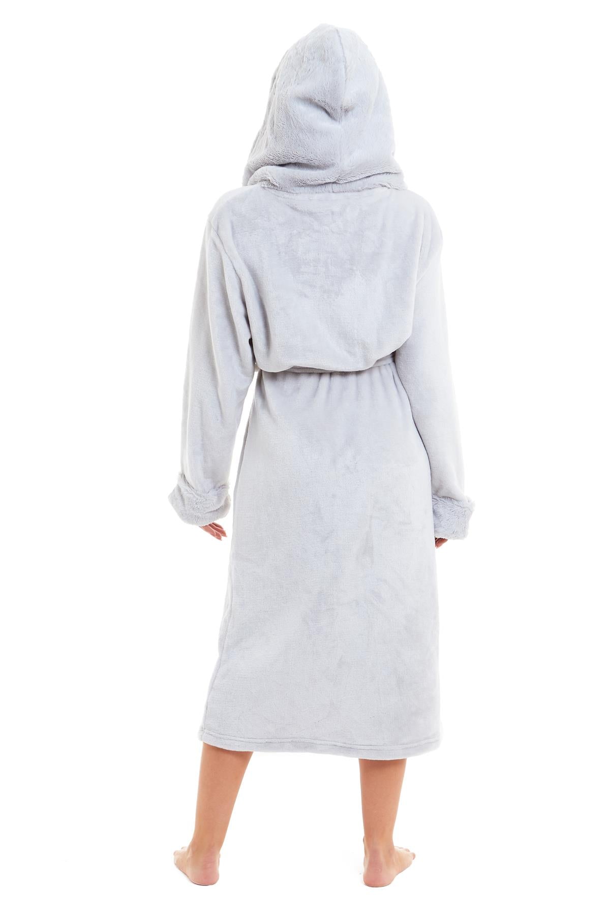 OLIVIA ROCCO Womens Faux Fur Hooded Bathrobe Plush Fleece Ultra-Absorbent Dressing Gown Daisy Dreamer Pink or Grey Size S-XL