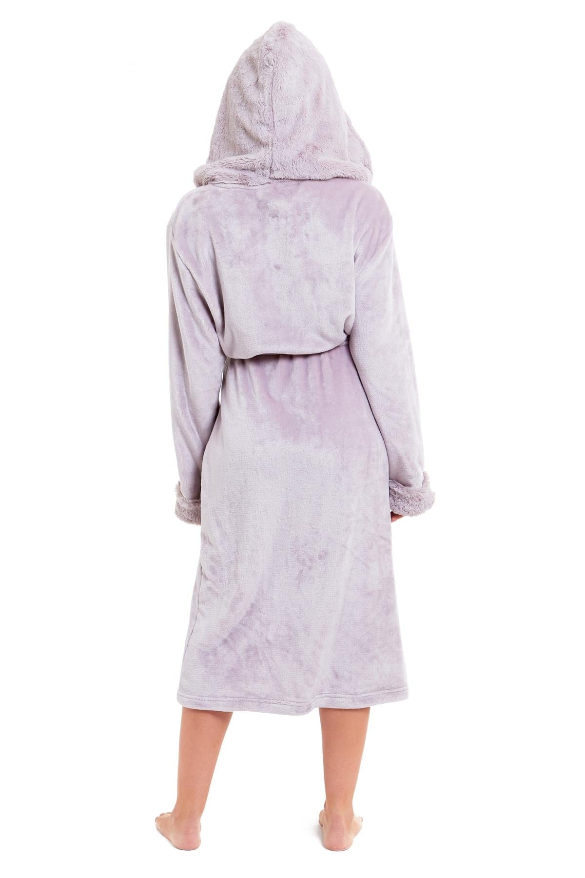 OLIVIA ROCCO Womens Faux Fur Hooded Bathrobe Plush Fleece Ultra-Absorbent Dressing Gown Daisy Dreamer Pink or Grey Size S-XL