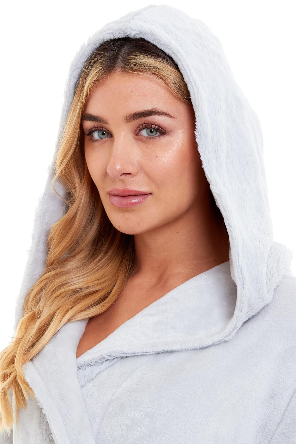 OLIVIA ROCCO Womens Faux Fur Hooded Bathrobe Plush Fleece Ultra-Absorbent Dressing Gown Daisy Dreamer Pink or Grey Size S-XL