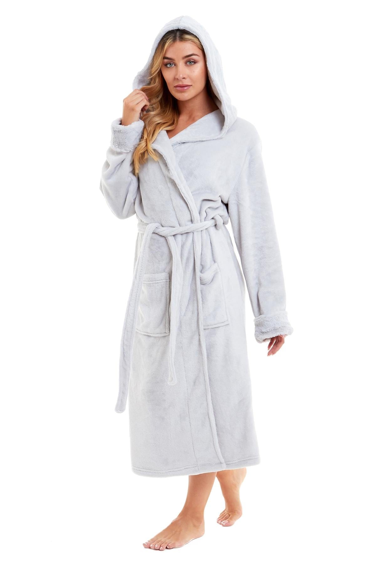 OLIVIA ROCCO Womens Faux Fur Hooded Bathrobe Plush Fleece Ultra-Absorbent Dressing Gown Daisy Dreamer Pink or Grey Size S-XL
