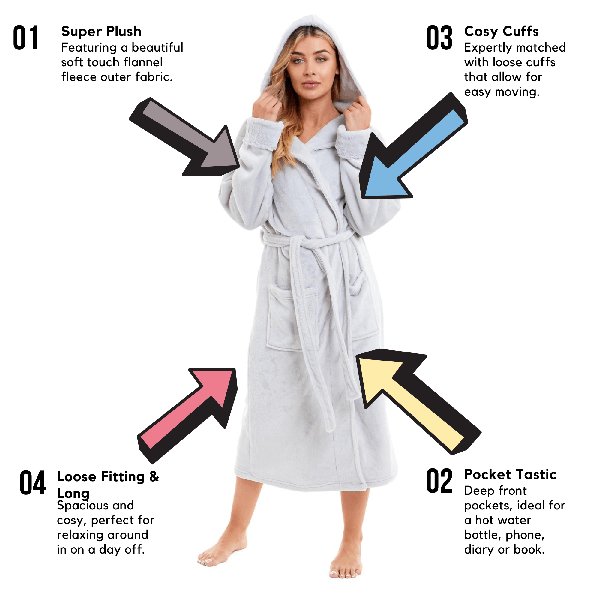 OLIVIA ROCCO Womens Faux Fur Hooded Bathrobe Plush Fleece Ultra-Absorbent Dressing Gown Daisy Dreamer Pink or Grey Size S-XL