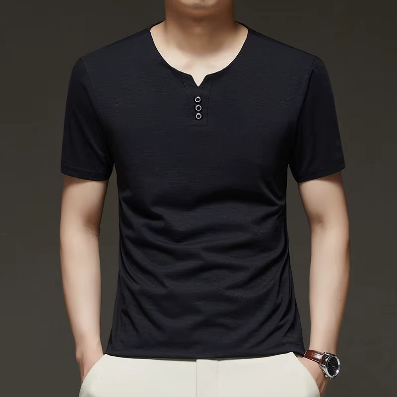 Men’s Three-Button V-Neck T-Shirt – Business Casual Summer Short Sleeve Top (S–4XL)