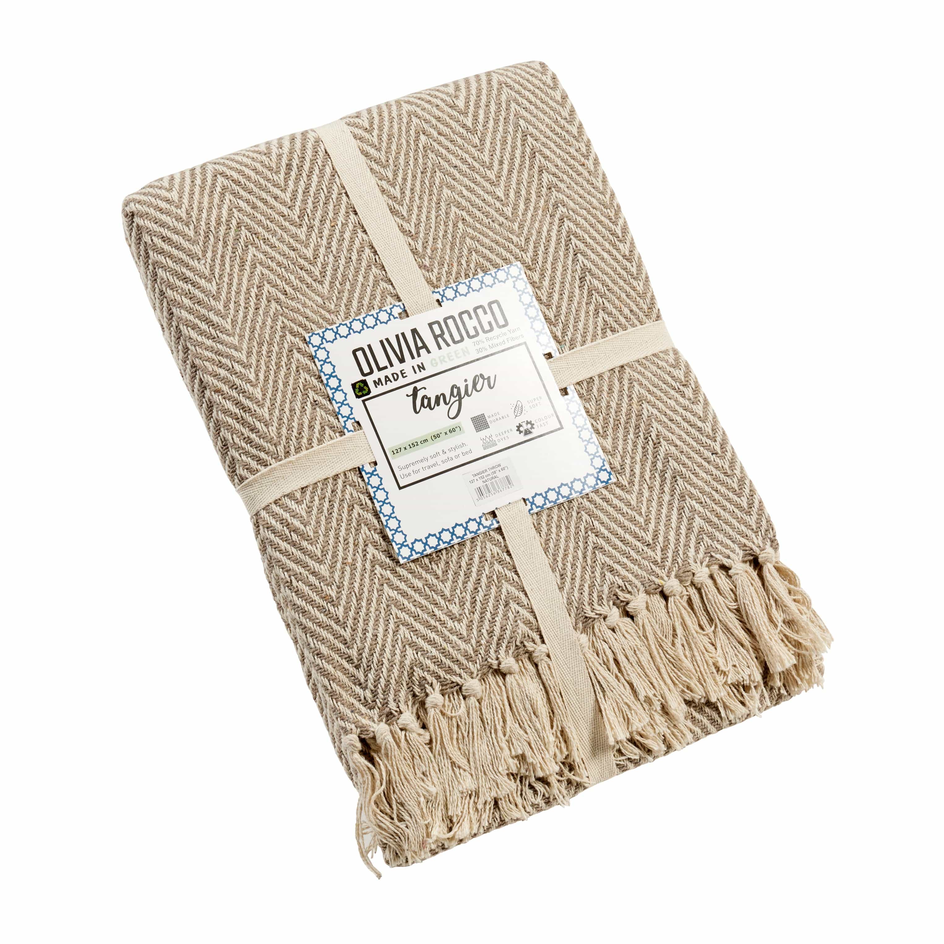 OLIVIA ROCCO Tangier Recycled Cotton Throw Blanket With Decorative Tassels Lightweight Cozy Eco Friendly For Sofa Bed Chair