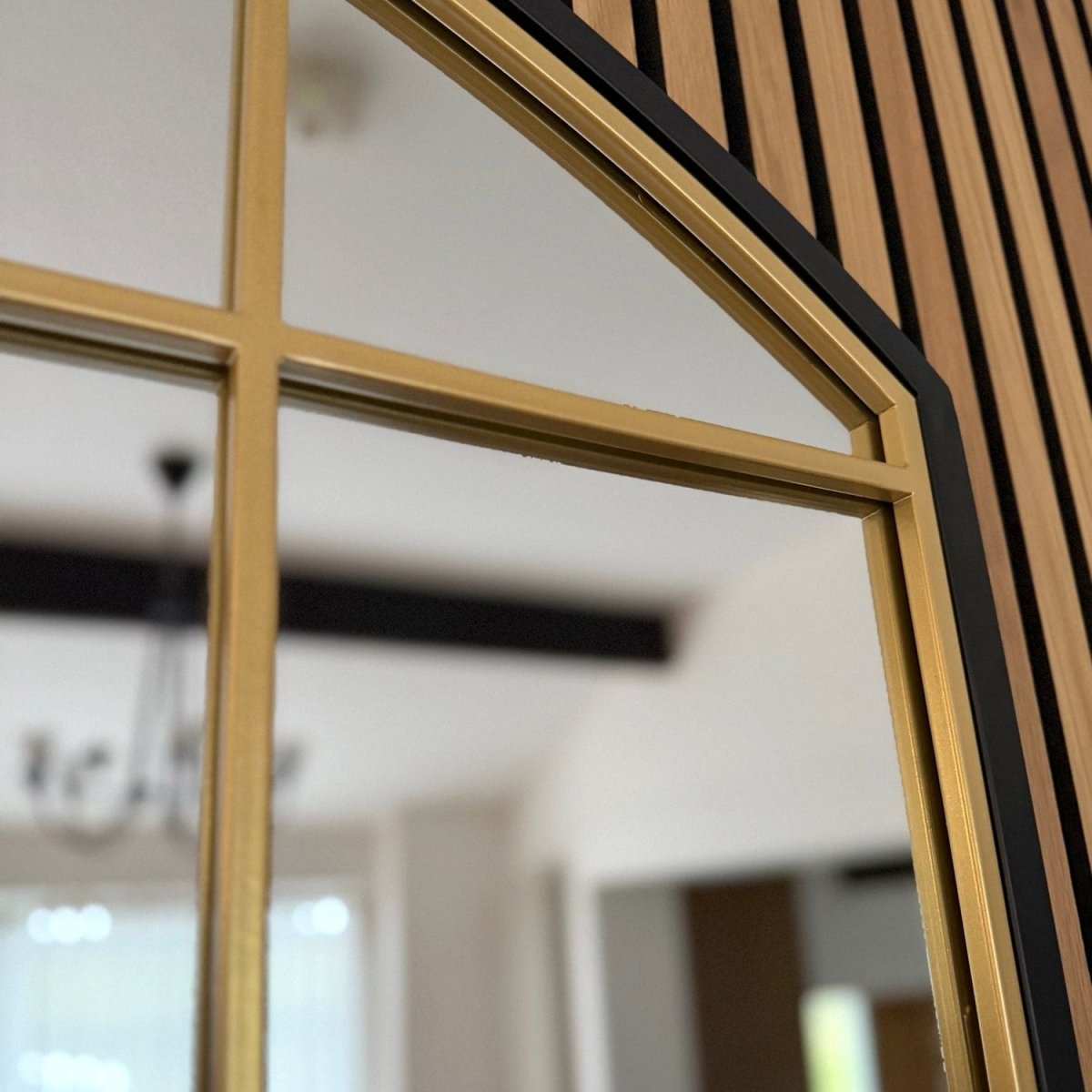 Tomi - Black & Gold Metal Arched Lattice Window Mirror - 95cm x 120cm - Zestio