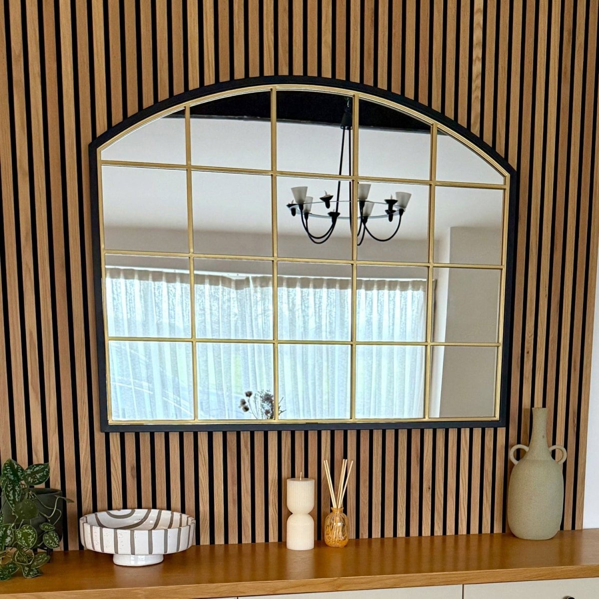 Tomi - Black & Gold Metal Arched Lattice Window Mirror - 95cm x 120cm - Zestio