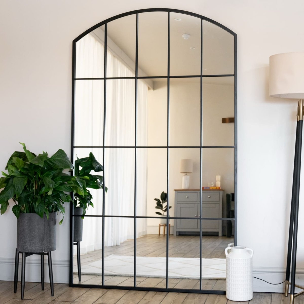 Tomi - Full Length Black Metal Arched Lattice Window Mirror - 200cm x 120cm - Zestio