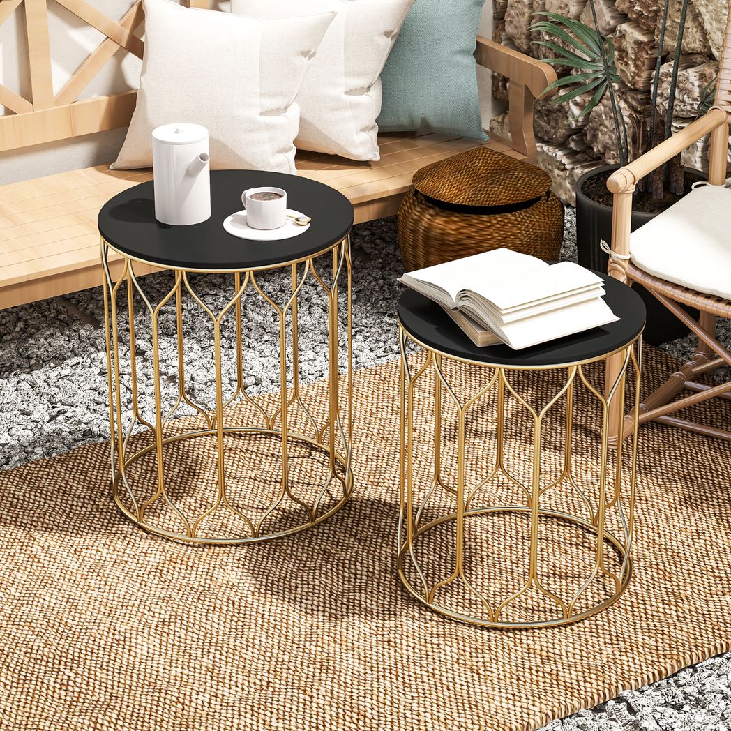 Outsunny Nesting Small Garden Table Set of 2 with Marble Effect Top