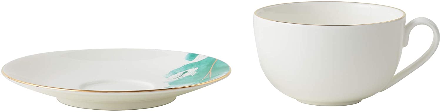 Cup and Saucer Set Watercolour with Gold Banding Premium Porcelain Light Weight