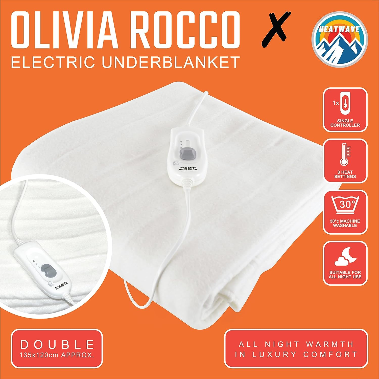 OLIVIA ROCCO Electric Heated Underblanket With 3 Heat Settings Overheat Protection Sizes Single Double King Ultra Soft For All Night Comfort
