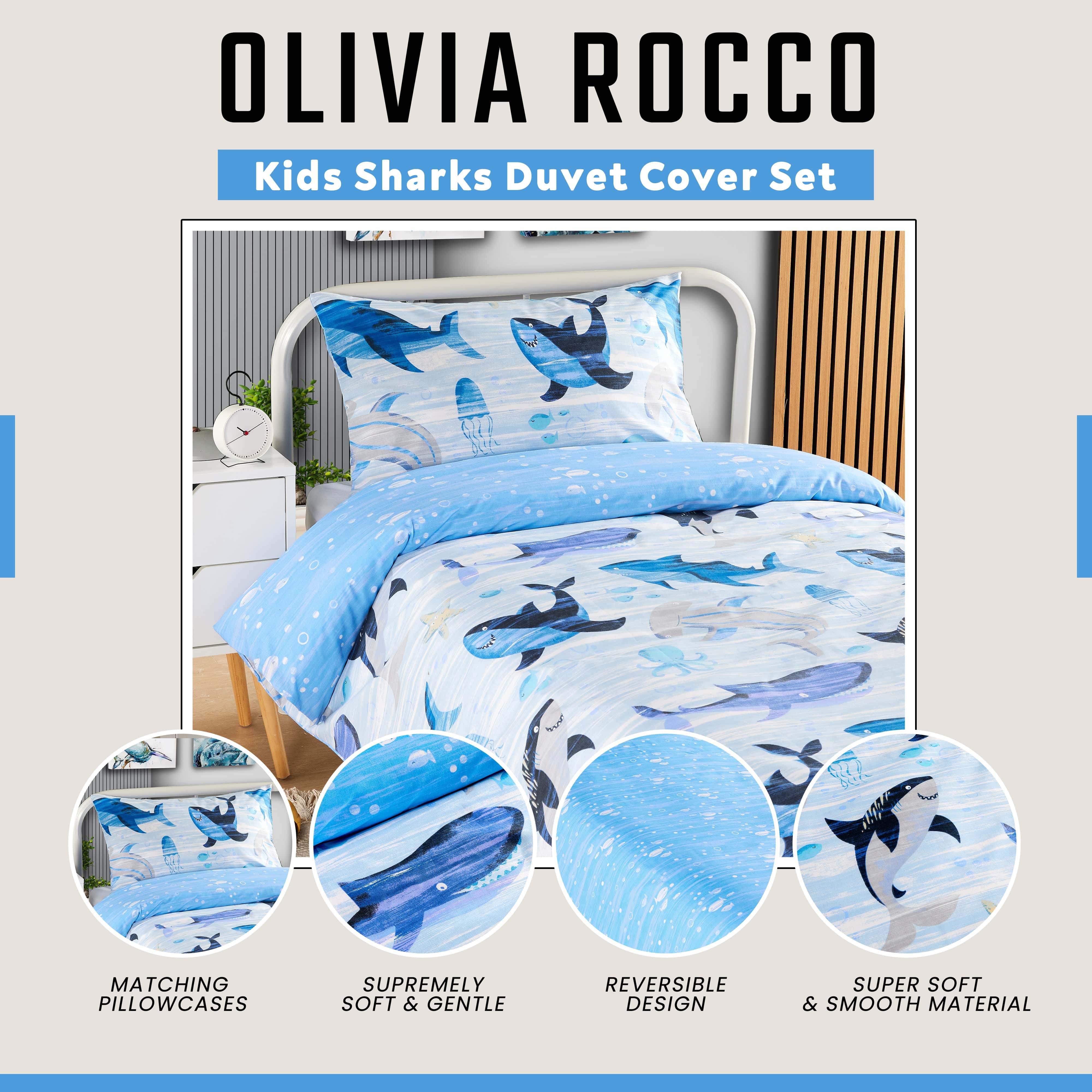 OLIVIA ROCCO Duvet Cover Set For Kids For Boys And Girls Sharks And Whales Reversible Soft Cotton Marine Life Bedding With Curtains