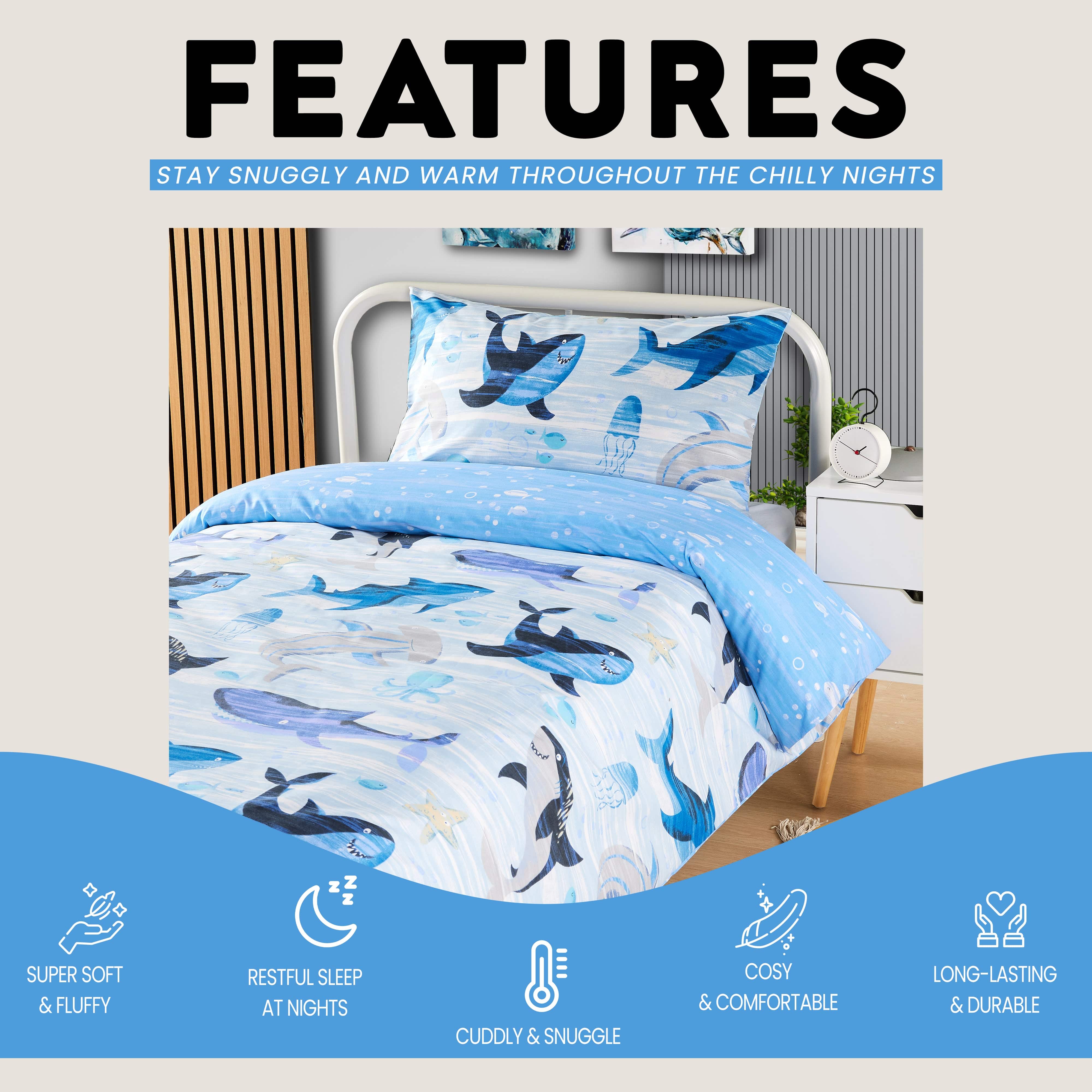 OLIVIA ROCCO Duvet Cover Set For Kids For Boys And Girls Sharks And Whales Reversible Soft Cotton Marine Life Bedding With Curtains
