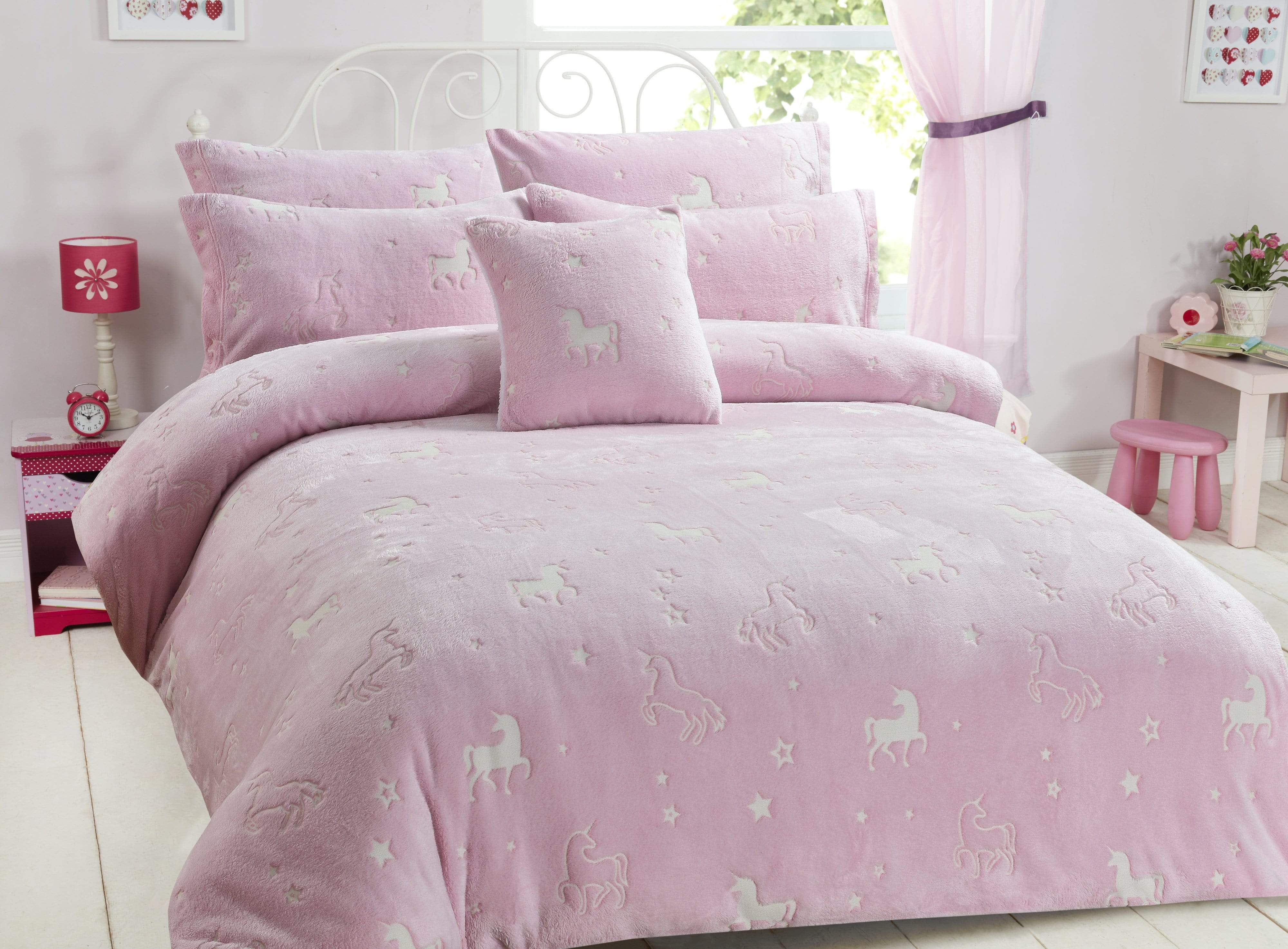 OLIVIA ROCCO Unicorn Glow In The Dark Teddy Duvet Set Pink For Kids OEKO-TEX Certified Soft Teddy Fleece Cozy Bedding Machine Washable