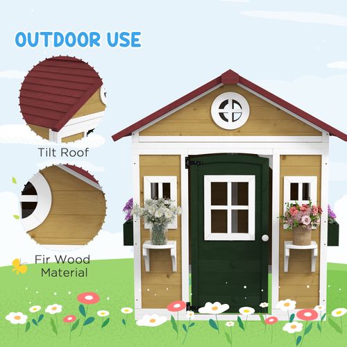 Outsunny Wooden Playhouse with Doors, Wooden, Plant Pots for Kids - Beige