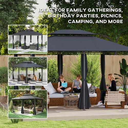 Outsunny 4m x 3(m) Outdoor 2-Tier Steel Frame Gazebo w/ Curtains Outdoor Garden