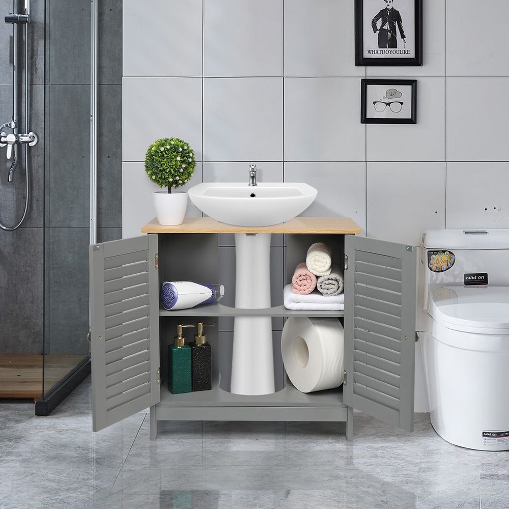 FCH Modern Double Shutter Door MDF Spray Paint Bathroom Sink Cabinet Gray