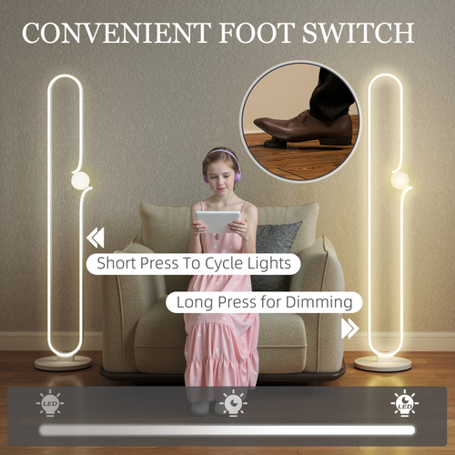 HOMCOM Dimmable LED Floor Lamp with Glass Night Light, Foot Switch, White