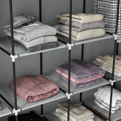 HOMCOM Fabric Wardrobe w/ 12 Shelves 2 Hanging Rails Foldable Closets
