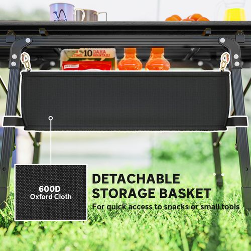 Outsunny Folding Camping Table w/ Adjustable Height, Storage Basket, Black