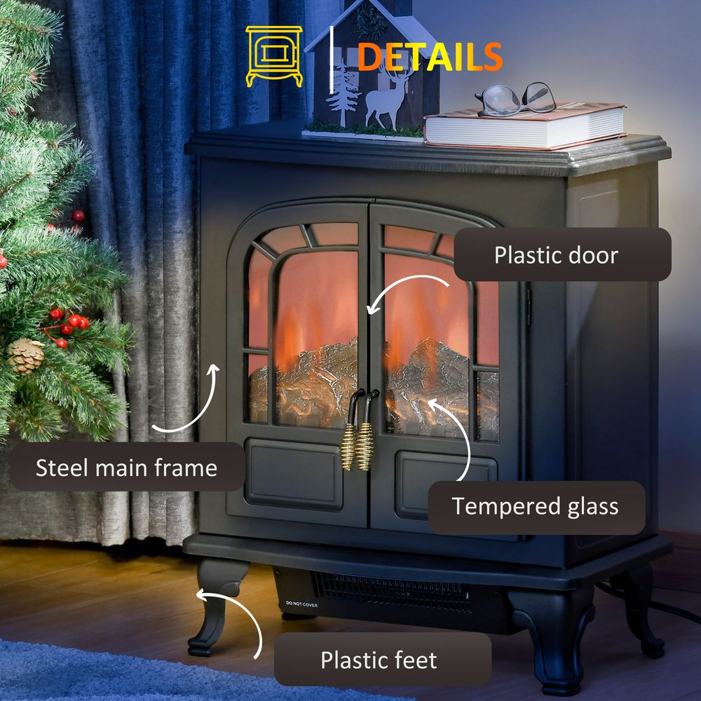 Electric Fireplace LED Fire Flame Effect, Double Door, 1000W/2000W, Black