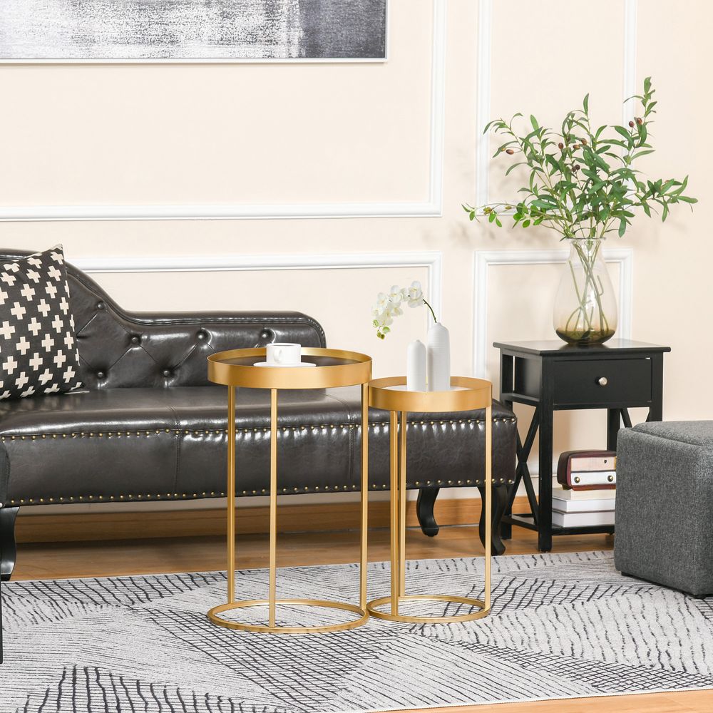 HOMCOM Coffee Tables Set of 2, Round Nest of Tables with Tray Top and Steel Frame for Living Room, Bedroom, Gold Tone