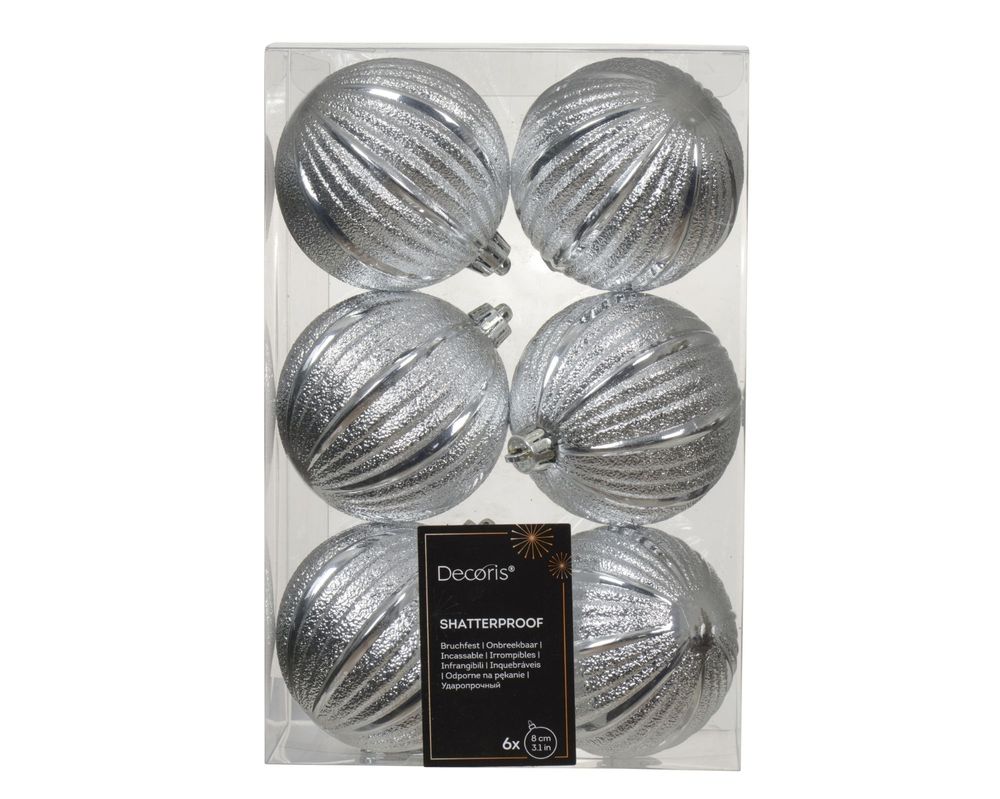 Shatterproof Ridge Bauble Silver 8cm Pack of 6 - Christmas