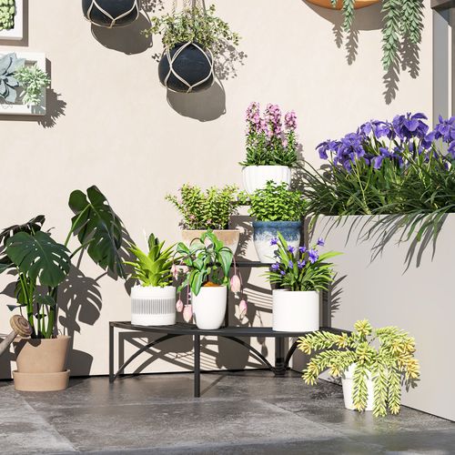 Outsunny 3 Tier Metal Corner Plant Stand for Garden Balcony Patio, Black