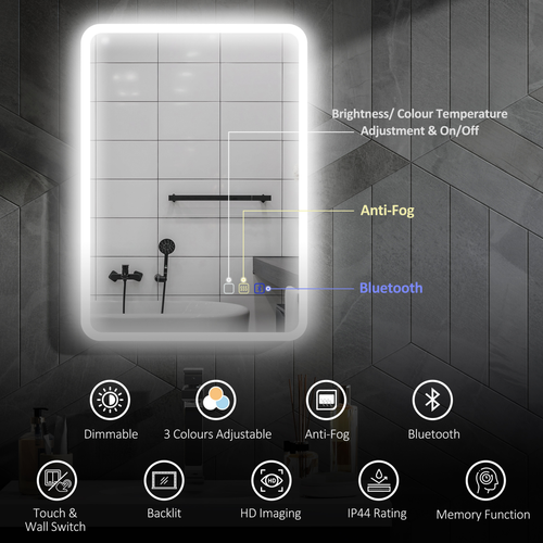 HOMCOM 500 x 700 mm Bluetooth Bathroom Mirror with LED Lights Wall Mounted