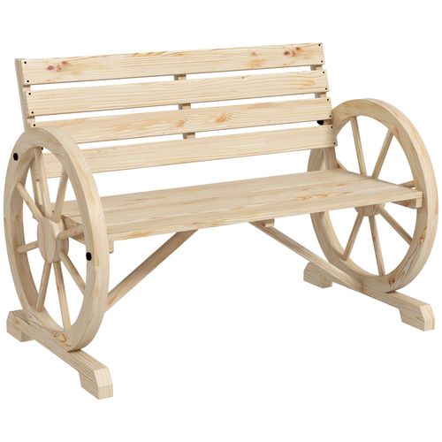 Outsunny 2 Seater Garden Bench w/ Wooden Cart Wagon Wheel Natural