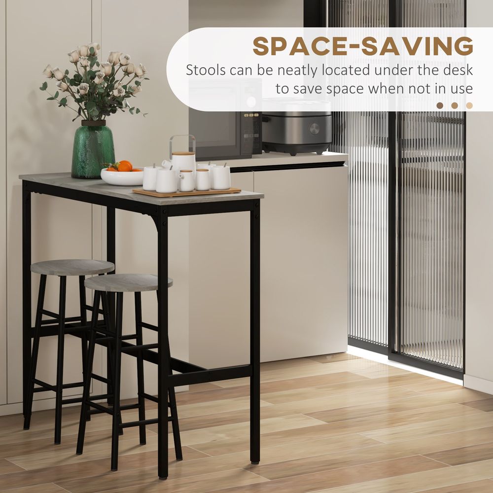 HOMCOM 3 Piece Bar Set, Industrial Kitchen and Chair Set for Small Space, Grey