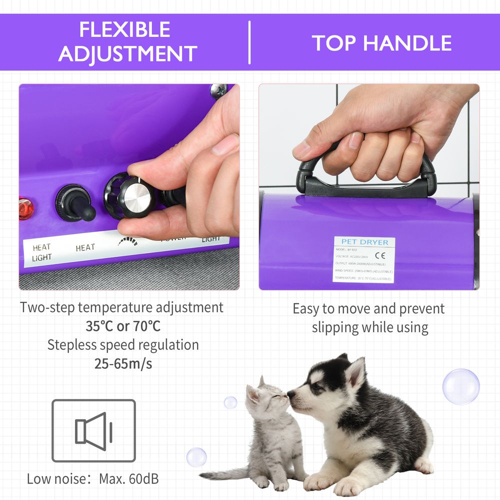PawHut 2800W Dog Dryer Blaster Pet Grooming Hair Dryer Blower Adjustable Temperature Speed with 2.1M Flexible Hose 3 Nozzles - Purple