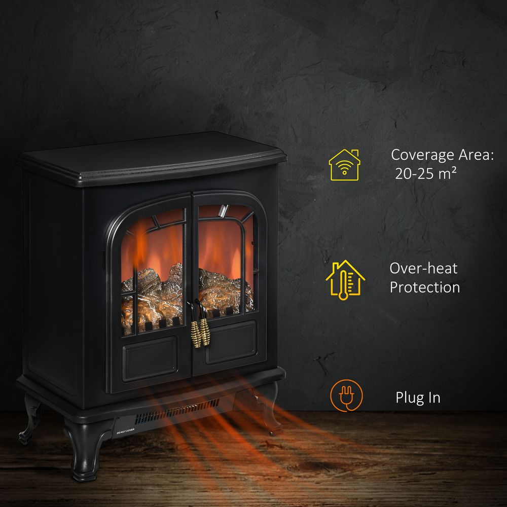 Electric Fireplace LED Fire Flame Effect, Double Door, 1000W/2000W, Black
