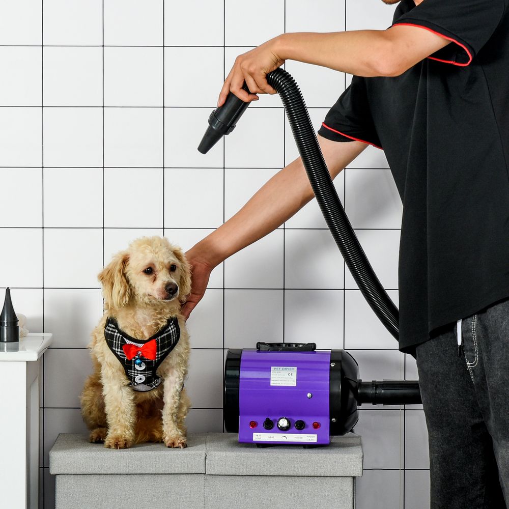 PawHut 2800W Dog Dryer Blaster Pet Grooming Hair Dryer Blower Adjustable Temperature Speed with 2.1M Flexible Hose 3 Nozzles - Purple