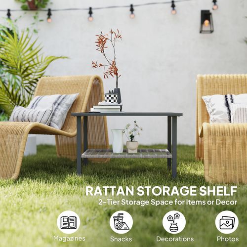 Outsunny Outdoor Rattan Coffee Table, Rectangular Tea Side Table, Mixed-grey