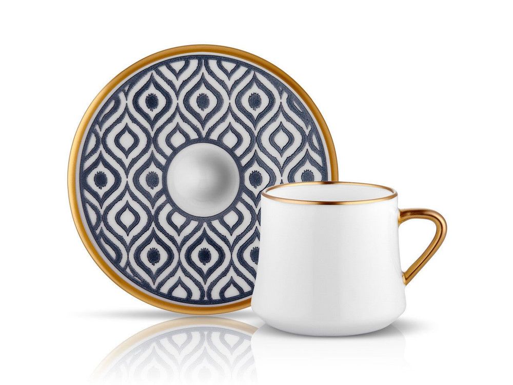 Sufi HD Tea Cup and Saucer Ikat - Anthracite Mat Gold - 230 cc