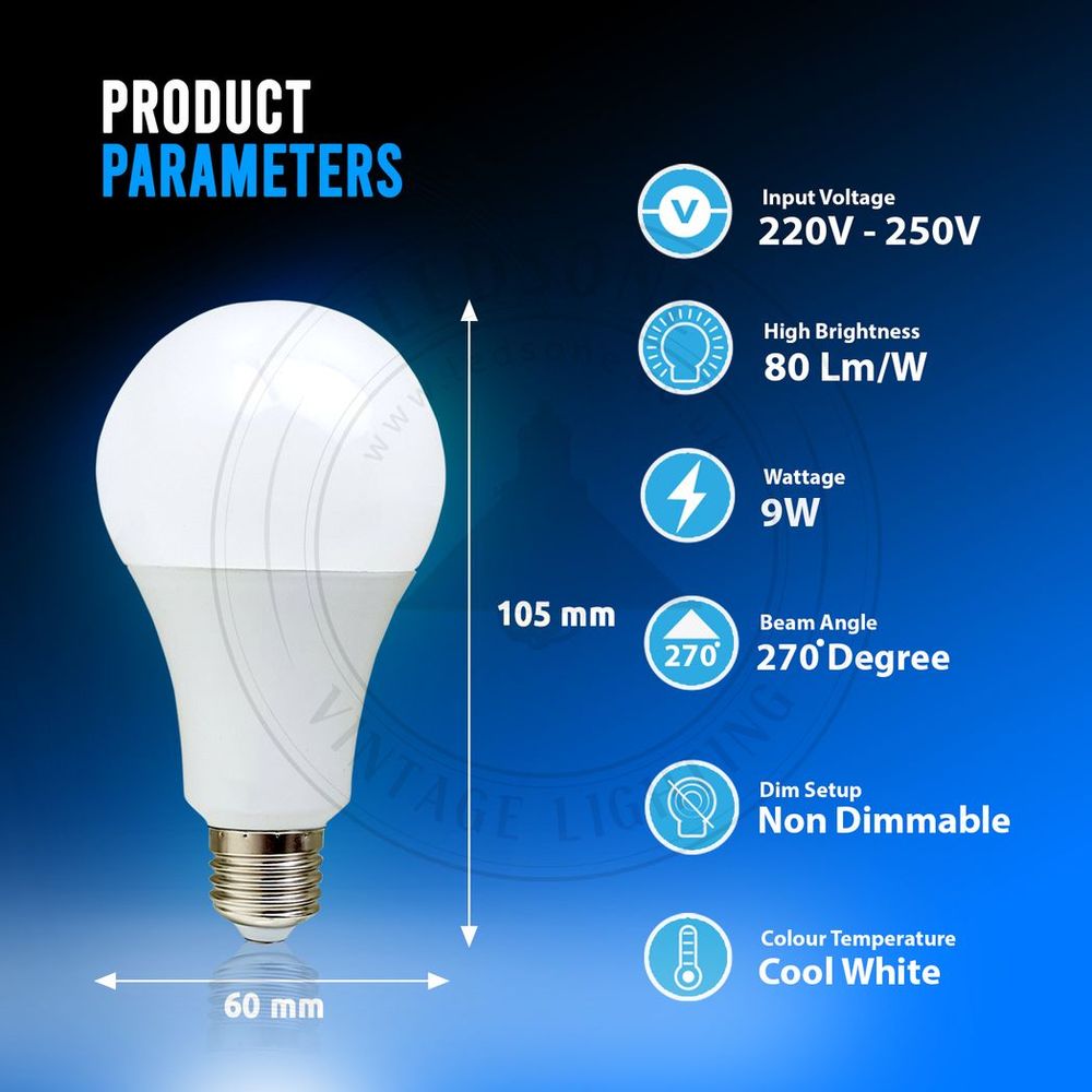 9W E27 Screw LED Light GLS bulbs, Energy Saving Edison Cool White 6000K non dimmable lights