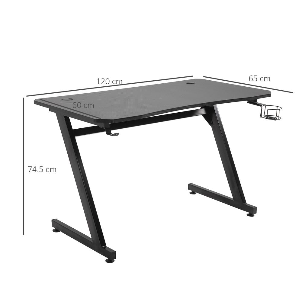 HOMCOM Gaming Desk Steel Frame with Cup Holder, Headphone Hook, Adjustable Feet and Cable Organiser, Home Office Computer Table, Black, Modern, 120 x 65 cm