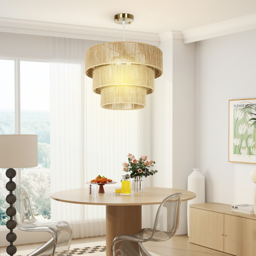 HOMCOM Boho Hemp Rope Pendant Light, Ceiling Light for Bedroom, Light Brown